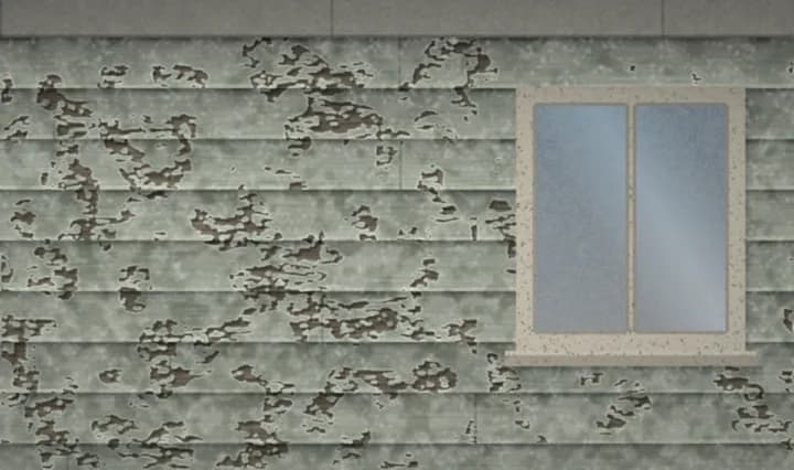 Illustration: a weatherboard wall with faded, peeling paint and bare timber showing